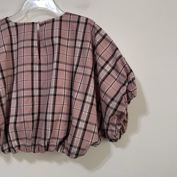 English Factory Puff Sleeve Crop Top M Pink Plaid Voluminous Trendy Summer NEW - Picture 7 of 11